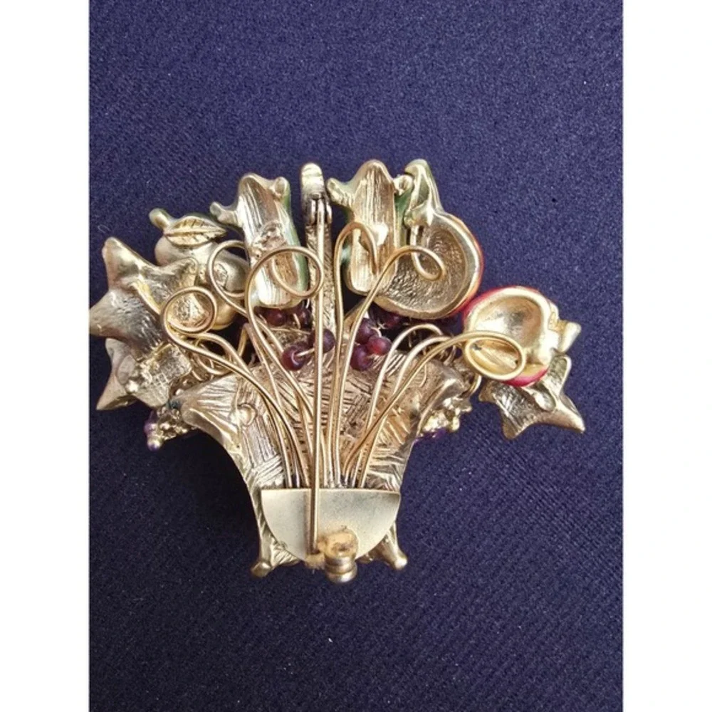 Vintage Fruit Basket Brooch Gold Tone Enamel Harvest Cornucopia‎ Pin 2 Inch